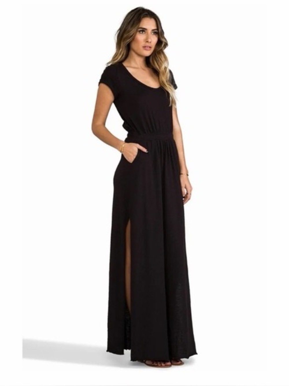 FREE PEOPLE FP Beach Andrina Maxi Dress Black Cut Out High Slit Pockets XS